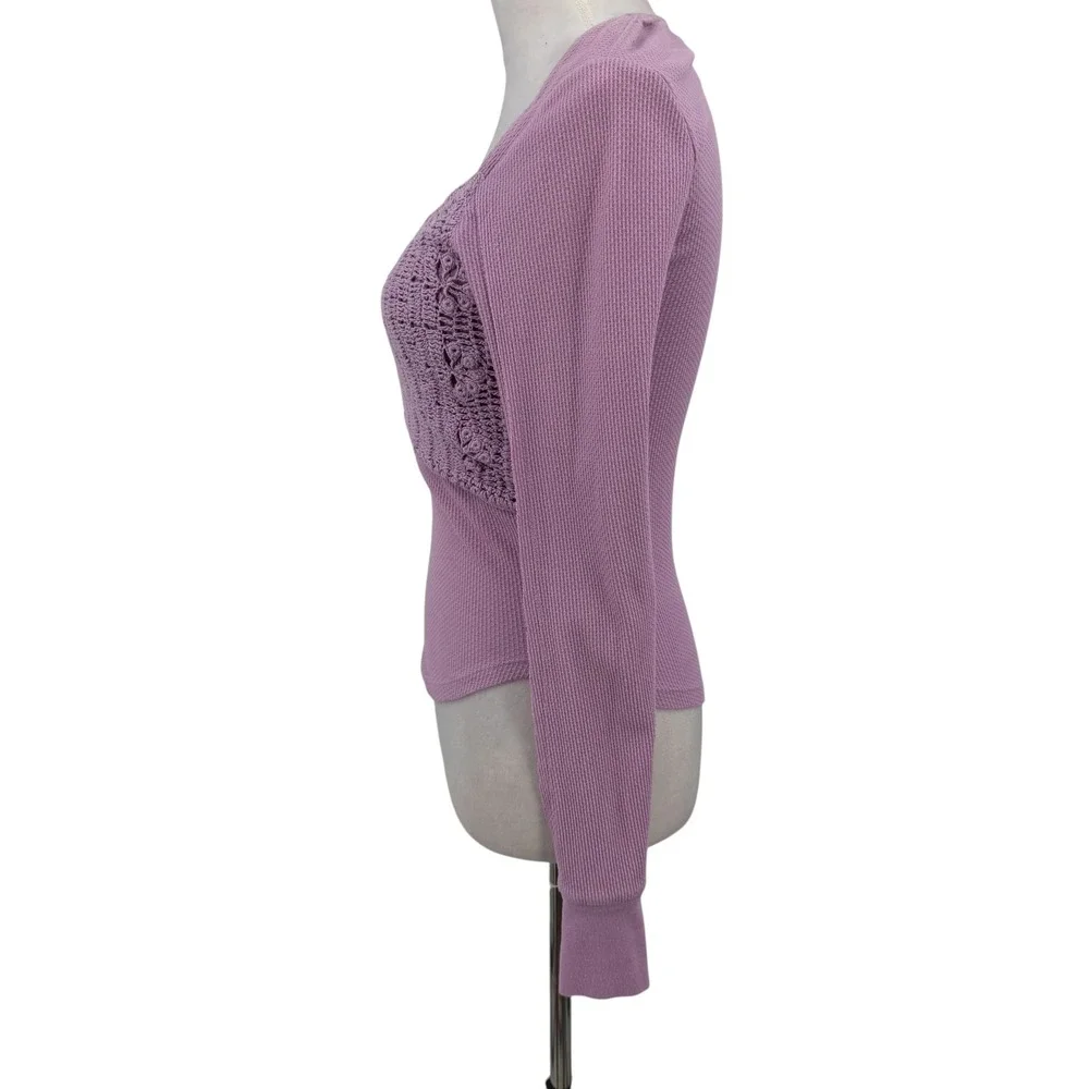 Free People Lavender Waffle Knit Crochet Lace Sweetheart Thermal Top XS Purple